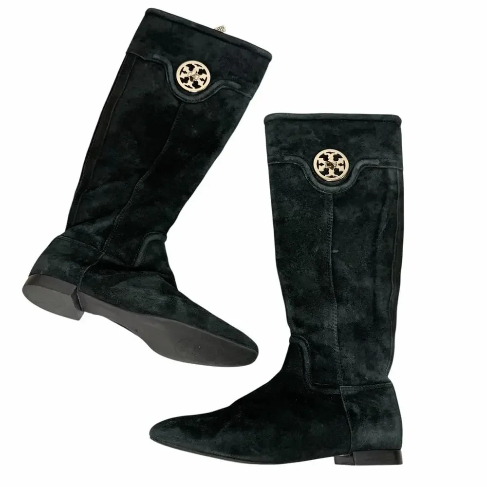 TORY BURCH BLACK SUEDE KNEE LENGTH FLAT BOOTS ZIPPER & GOLD LOGO MEDALLION 7.5